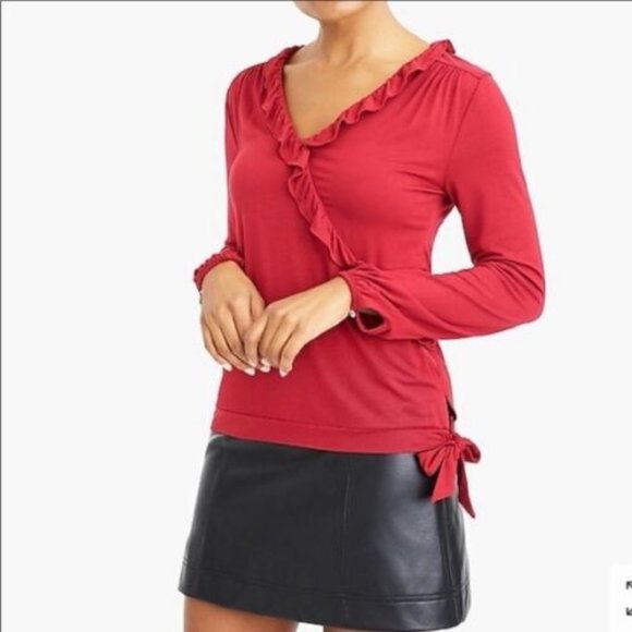 J. Crew Tops - New J. CREW Mercantile Red Ruffle Trim Faux Wrap Top Shirt Size XL Nwt